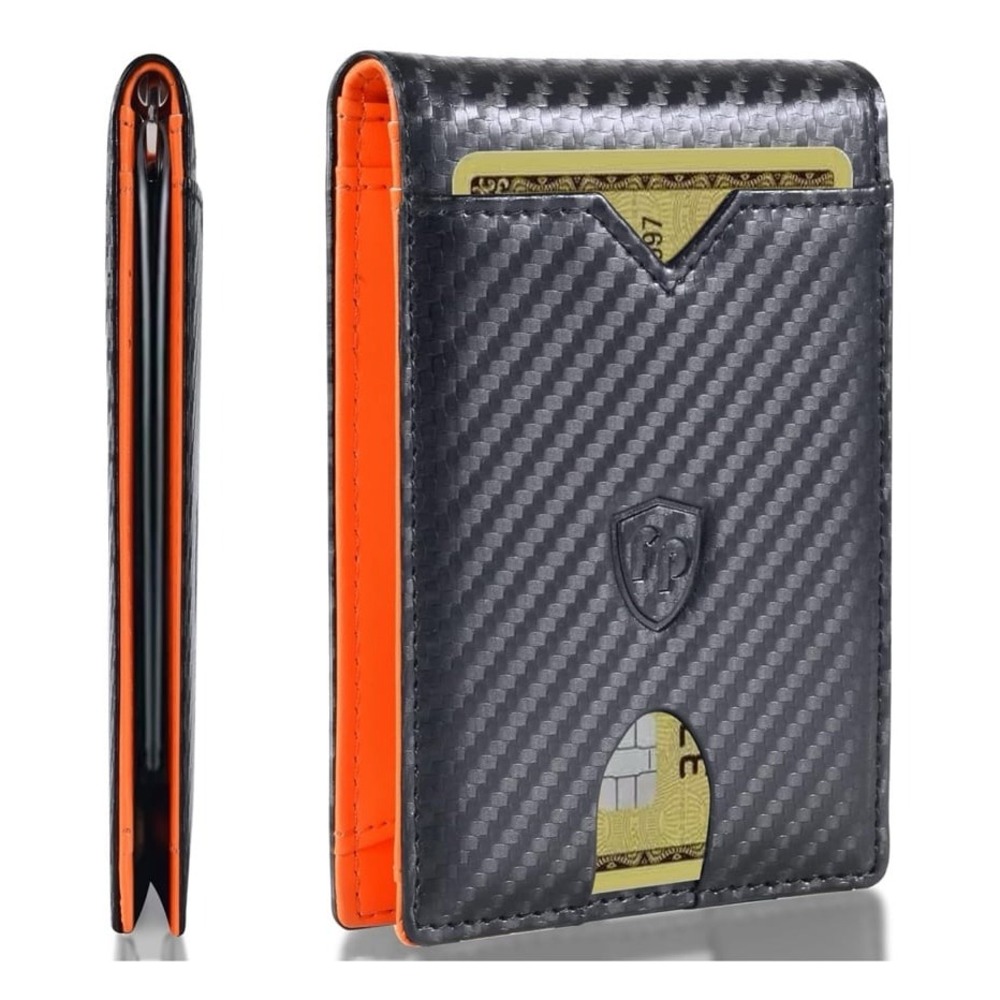 NEW Men's Minimalist Slim Black‎ Carbon Fiber & Orange Wallet w/ Money Clip